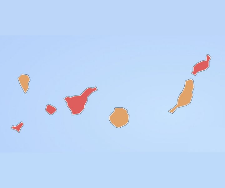 Tenerife Nieuws week 1-2021, de stoplichten van de Canarische eilanden (rood en oranje momenteel).