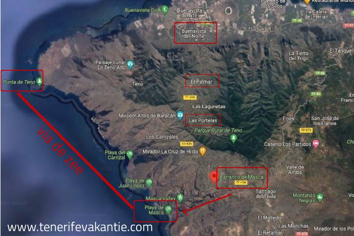 Van Playa de Masca naar Punta de Teno - kaart Google Maps