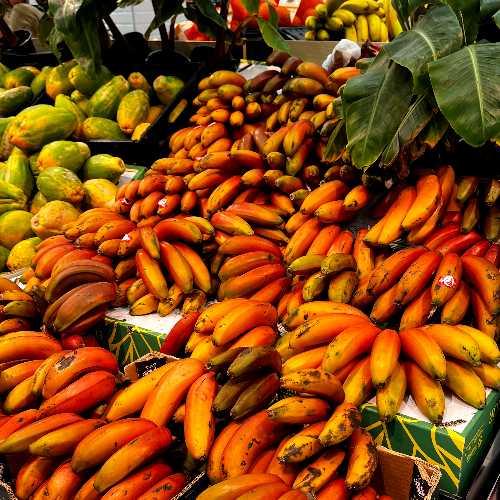 Rode Canarische bananen te koop in de supermarkt