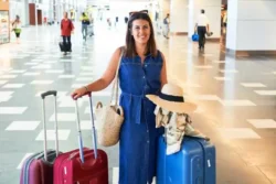 Bagage scan systeem vrouw met valiezen op luchthaven