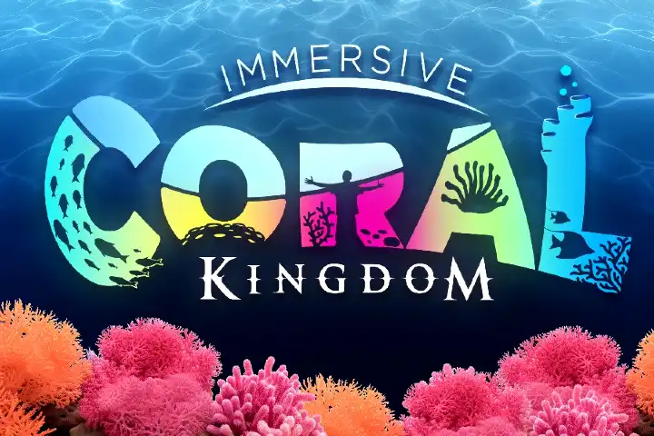 Logo van Immersive Coral Kingdom met kleurrijke koraalranden.
