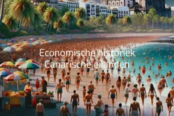 Economische geschiedenis Canarische eilanden - Druk strand met parasols en palmbomen.