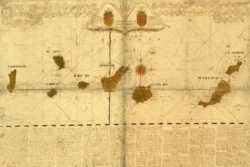 San Borondón (uiterst links) op de oude kaart van de Canarische Eilanden.