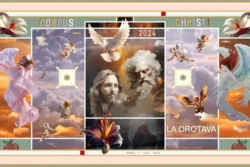 Tapijt La Orotava - Corpus Christi 2024 poster met engelen en religieuze figuren.