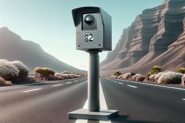 Nieuwe flitspalen op Tenerife geïnstalleerd - beeld van een flitspaal midden op de weg