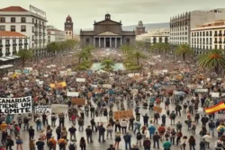 Protest tegen massatoerisme Tenerife - beeld van massa volk in Santa Cruz