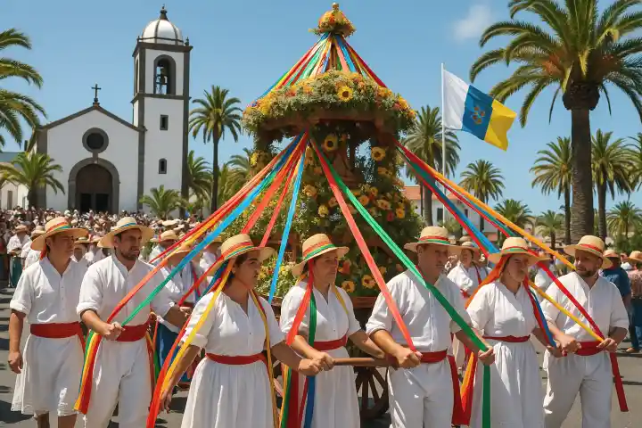Romería San Marcos in Tegueste - beeld dansende mensen in traditionele Canarische klederdracht