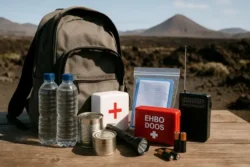noodpakket voor Tenerife - beeld van rugzak, ehbo kit, water, conserven... met op de achtergrond de vulkaan El Teide
